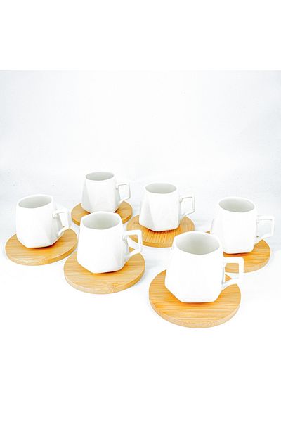 vegahediye v vega Set of 6 White Prism Model Porcelain Turkish Coffee Cup Set with Bamboo Base 12 Pieces