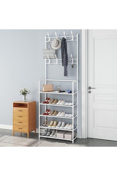 Dexia Multifunctional clothes hanger with shoe rack – 5 shelves, metal, white, 80 x 29.5 x 172 cm