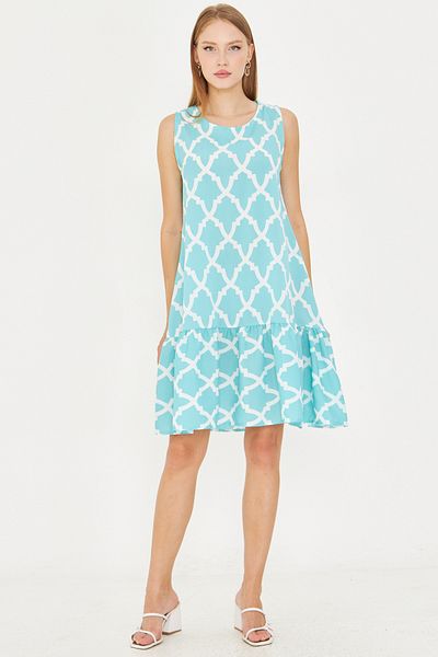 armonika Women's Turquoise Pattern Sleeveless Skirt Ruffle Dress Arm-22K001142