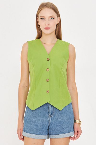 armonika Women's Pistachio Green V-Neck Body Fitting Linen Look Lined Vest Arm-24Y001111