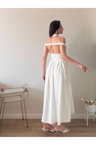 LOCH BUTİK Women's White Skirt Pleated Shawl Back Detailed Midi Dress