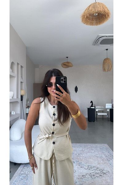 Buket Teke Beige Buttoned Vest Suit