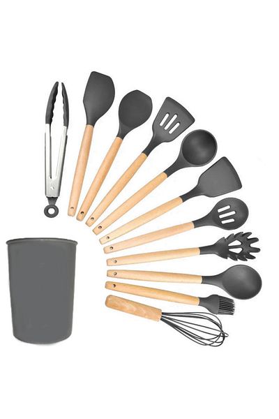 Aptel Set of 12 kitchen utensils, wood/silicone, dark gray