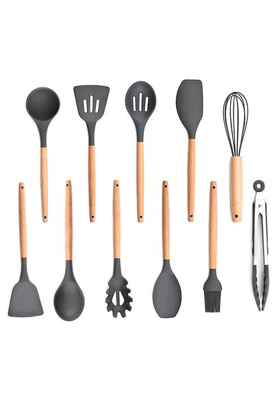 Aptel Set of 12 kitchen utensils, wood/silicone, dark gray