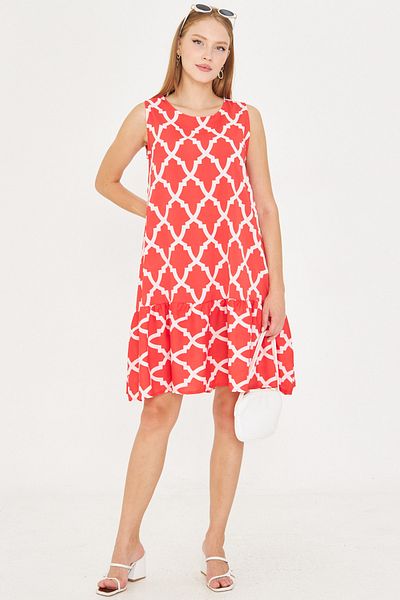 armonika Women's Red-White Patterned Sleeveless Skirt Ruffle Dress Arm-22K001142