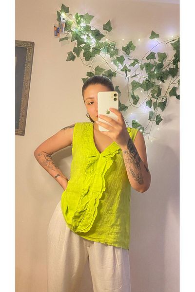 aSSa Italian Sleeveless Ruffle Linen Bluz