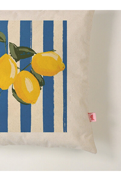 Galia Tasarım Amalfi - Blue Striped Lemon Patterned Linen Pillow Case 45X45 cm