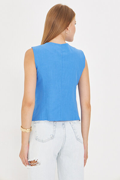 armonika Жіночий синій жилет з V-подібним коміром, облягаючий силует, з підкладкою під виглядом льону ARM-24Y001111