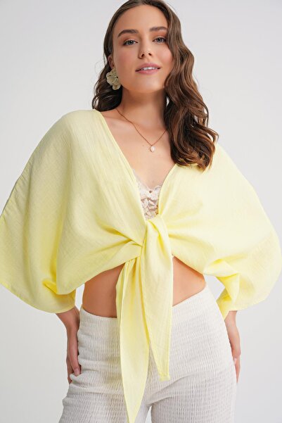 Mixray 4723 Women's Tie Front Bolero Blouse Yellow