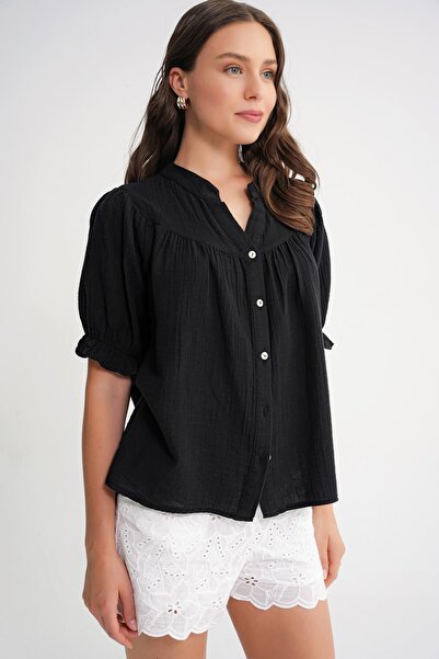 Mixray 4725 Women's Gathered Sleeve Ruffled Muslin Shirt Black
