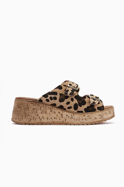 Limoya Samina Leopard Patterned Double Striped Wedge Heeled Women's Slippers