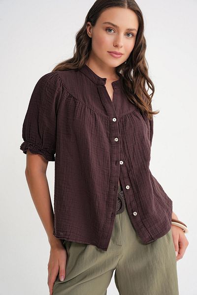 Mixray 4725 Women's Drawstring Sleeve Ruffled Muslin Shirt Brown