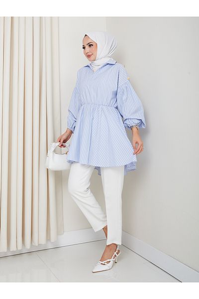 Lucia Fashion Waist Drawstring Elastic V-Neck Striped Comfortable Fit Hijab Tunic