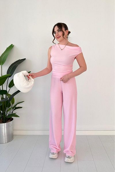 MaziButik Off Shoulder Double Suit Pink