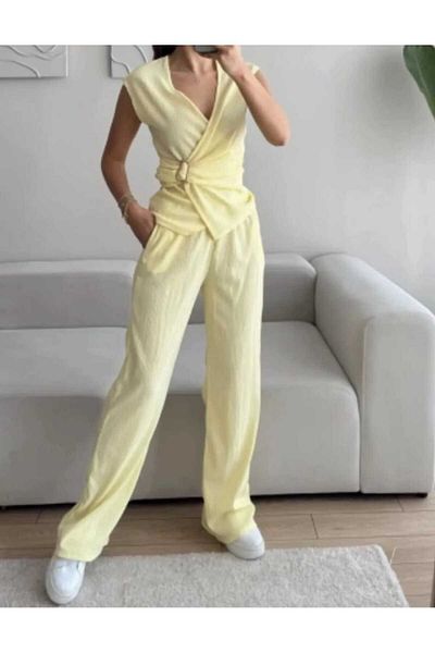 aytenli Double Breasted Collar Side Buckle Top Size Lace up Pocket Palazzo Trousers Wrinkle Suit