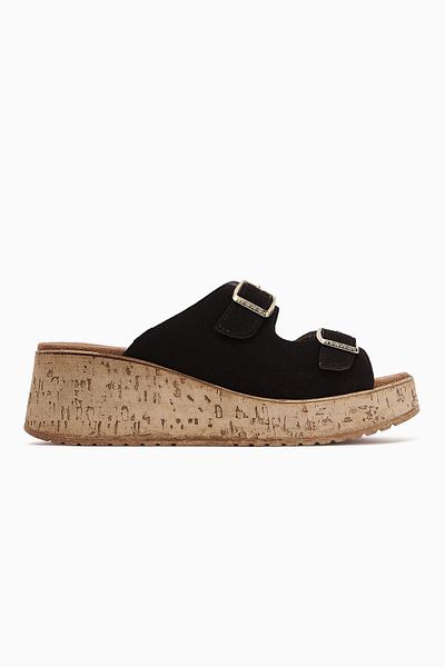 Limoya Samina Black Double Striped Wedge Heeled Women's Slippers