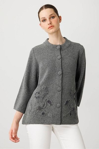 Desen Triko Women's Stand Collar Floral Pattern Short Wool Coat Smoked