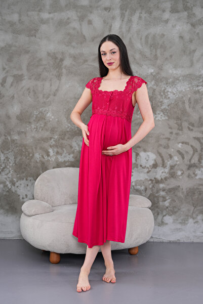 CT MODA Women's Fuchsia Lace Summer Special Design 100% Cotton Maternity Nightgown