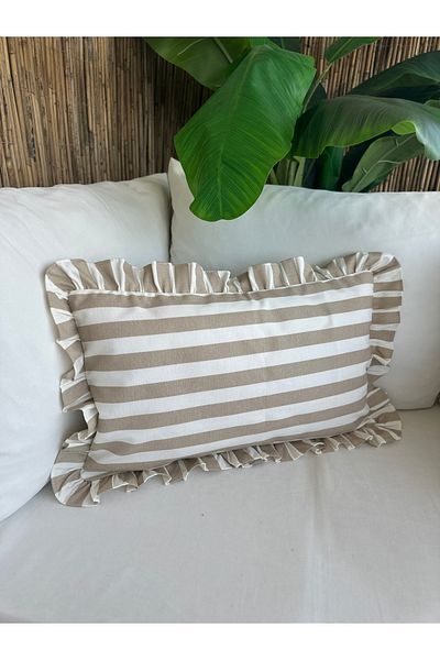 Decamor home Beige Striped Ruffle Throw Pillow Case 1 Piece