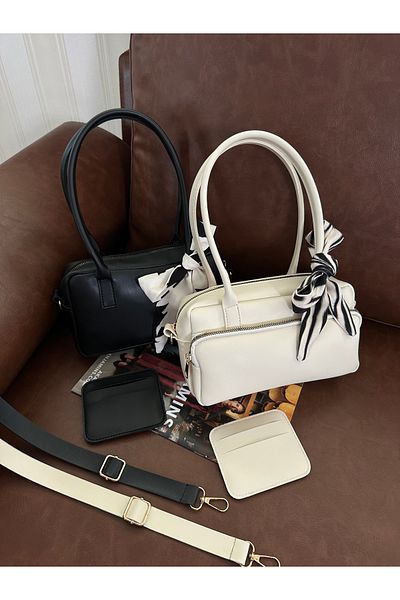NOTHING Women's Black Cream Adjustable Strap Scarf and Card Holder Gift Set of 2 Hand Shoulder Bags Moriselen