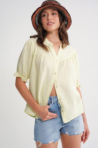 Mixray 4725 Women's Drawstring Sleeve Ruffled Muslin Shirt Pastel Yellow