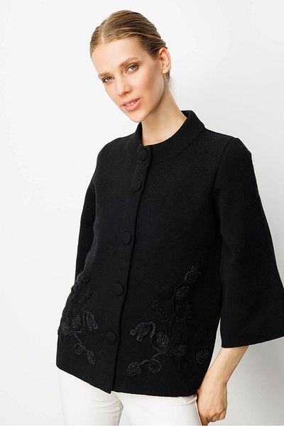 Desen Triko Women's Stand Collar Floral Pattern Short Wool Coat Black