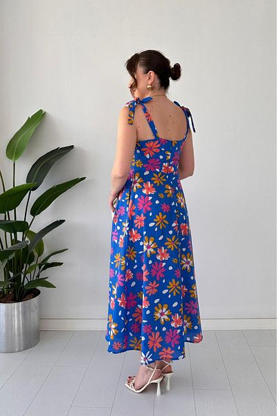 MaziButik Flower Strap Dress Saks Blue