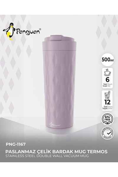 Penguen Png-1167 500ml Flip Lid Patterned Steel Mug |   6 Hours Hot 12 Hours Cold |   Leak Proof & Bpa Free