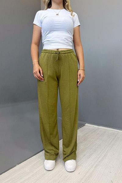 Tarz Cool Women's Khaki Striped 2 Thread Wide Leg Sweatpants
