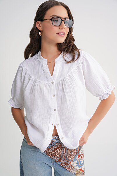 Mixray 4725 Women's Drawstring Sleeve Ruffled Muslin Shirt White