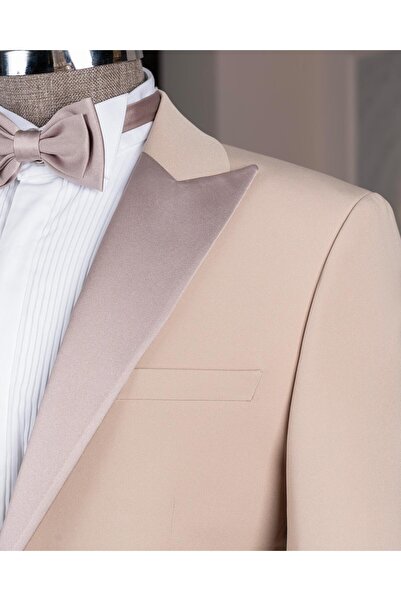 TerziAdemAltun İtalyan stil slim fit ceket yelek pantolon damatlık set bej T14463