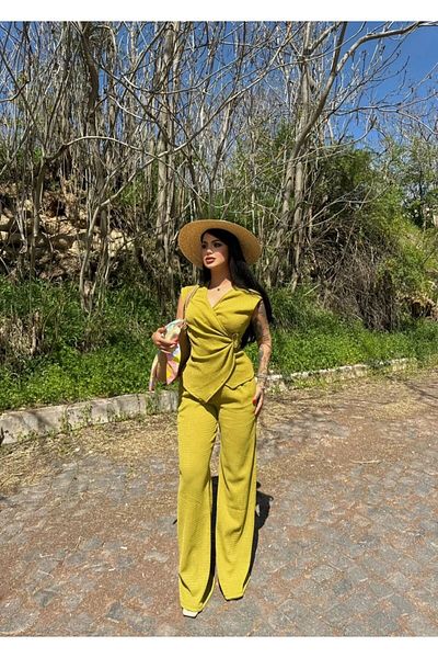 aytenli Double Breasted Collar Side Buckle Top Size Lace up Pocket Palazzo Trousers Wrinkle Suit