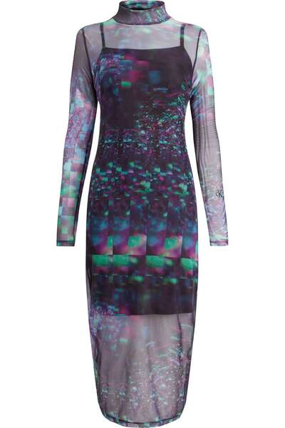 Calvin Klein AOP MESH LONG SLEEVE Kadın Renkli Elbise