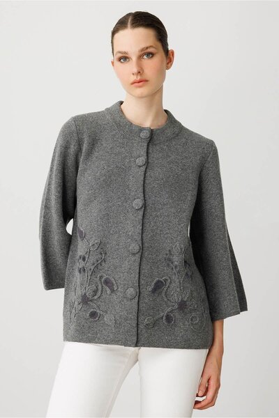 Desen Triko Women's Stand Collar Floral Pattern Short Wool Coat Smoked