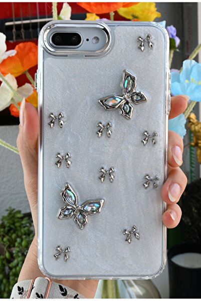 Go Aksesuar Flexible Silicone Case with Metal Butterfly Toy Design Compatible with iPhone 7 Plus and 8 Plus