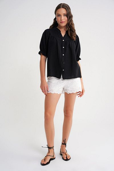 Mixray 4725 Women's Gathered Sleeve Ruffled Muslin Shirt Black