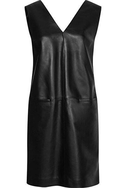Calvin Klein LEATHER V NECK DRESS Kadın Siyah Elbise