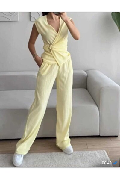 aytenli Double Breasted Collar Side Buckle Top Size Lace up Pocket Palazzo Trousers Wrinkle Suit