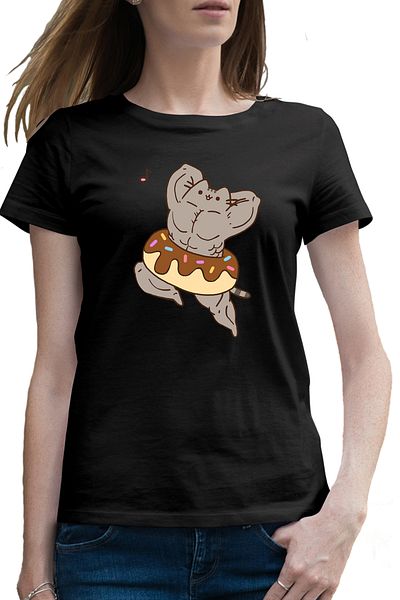OEM Women's T-shirt Pusheen Cat Muscle Gym Workout Cat