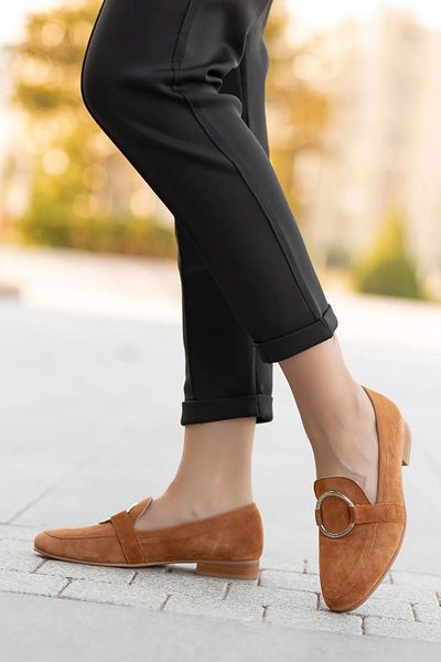 LUXEON Women's Tan Genuine Suede Leather Ring Detailed Loafer Daily Orthopedic Classic Stylish Lightweight Women's Shoes