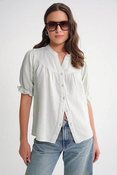 Mixray 4725 Women's Gathered Sleeve Ruffled Muslin Shirt Sage