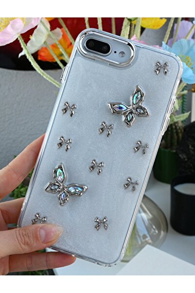 Go Aksesuar Flexible Silicone Case with Metal Butterfly Toy Design Compatible with iPhone 7 Plus and 8 Plus