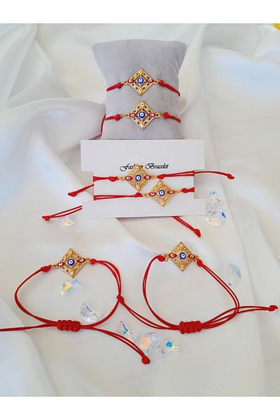 Minnoş Dükkan Red Leather Rope Bracelet with Evil Eye Beads