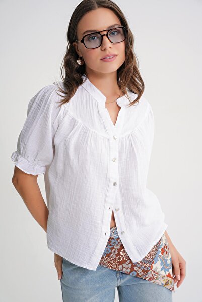 Mixray 4725 Women's Drawstring Sleeve Ruffled Muslin Shirt White