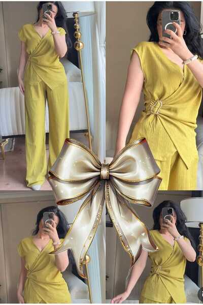 aytenli Double Breasted Collar Side Buckle Top Size Lace up Pocket Palazzo Trousers Wrinkle Suit