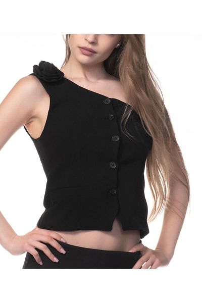 Appleline Women's Fit Mold Single Shoulder Rose Detailed Crop Black Vest