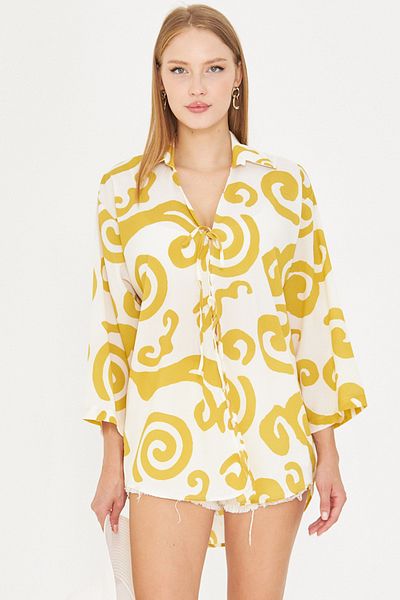 armonika Cămașă galbenă pentru femei, cu guler, cămașă kimono cu șireturi în față ARM-25K001006
