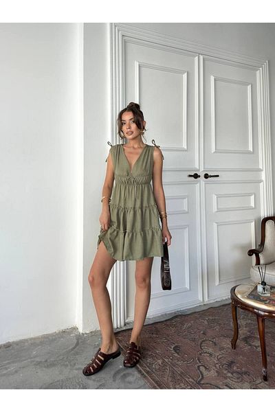 ÇEÇİM Women's Lace-Up V-Neck Layered Flounced Mini Dress Hyn-58067