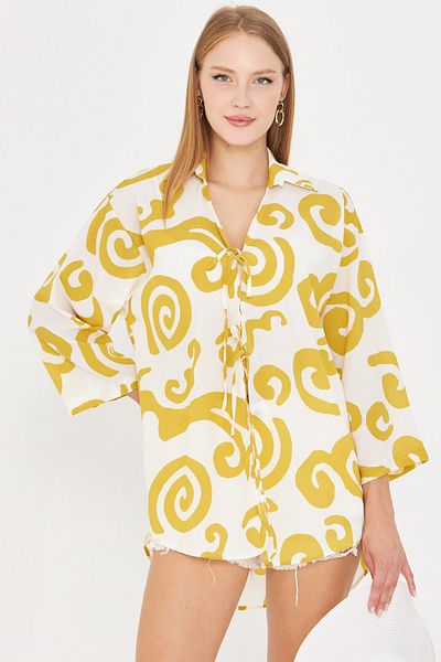 armonika Cămașă galbenă pentru femei, cu guler, cămașă kimono cu șireturi în față ARM-25K001006