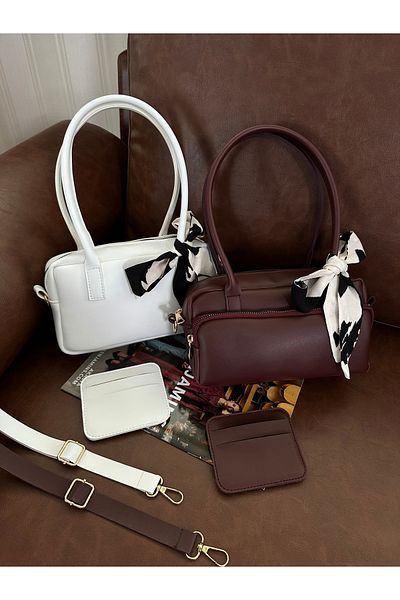 NOTHING Women's White Claret Red Adjustable Strap Scarf and Card Holder Gift Set of 2 Hand Shoulder Bags Moriselen